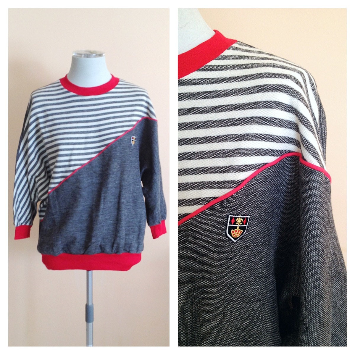 Vintage Gray and White Striped Sweatshirt. Red. Hipster. Preppy. Oversized. Size Large. Loose Fit. Comfortable. Athletic. 1970s. Boyfriend