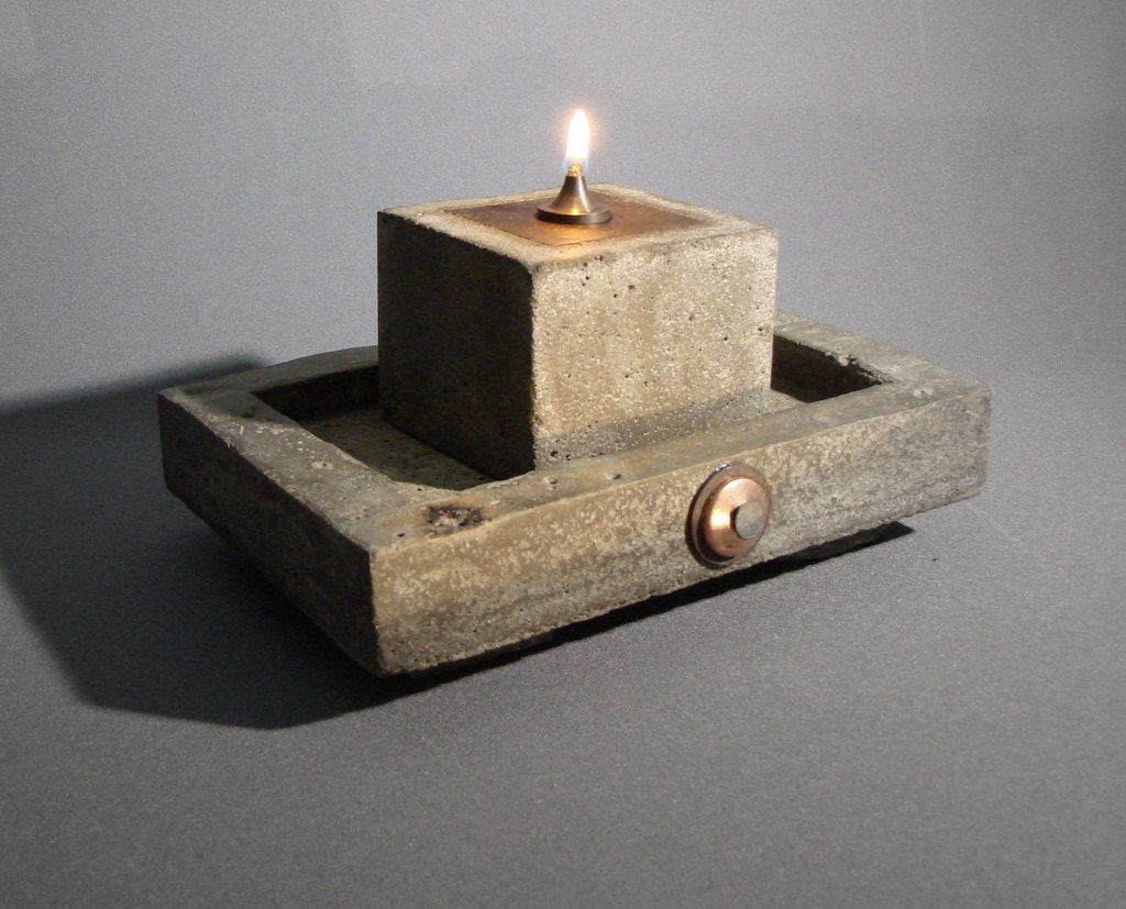OIL LAMP with TRAY - Cowboy Zen Oil Lamp With Presentation Tray of Concrete, Steel, and Copper