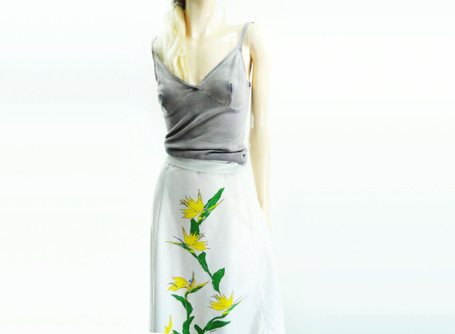 Vintage 1970s Skirt Linen Hand Painted Orchid White Yellow Wrap Skirt / m