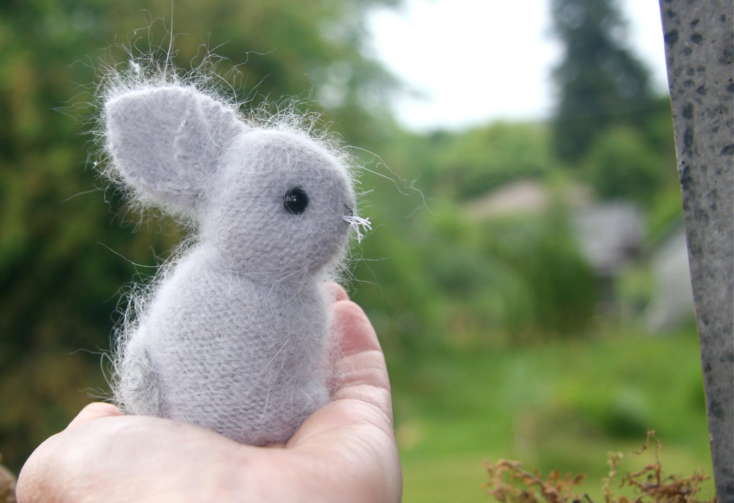 Fluffy gray Angora Bunny eco friendly hand sewn embroidered needle felt weighted to stand. (woolcrazy)