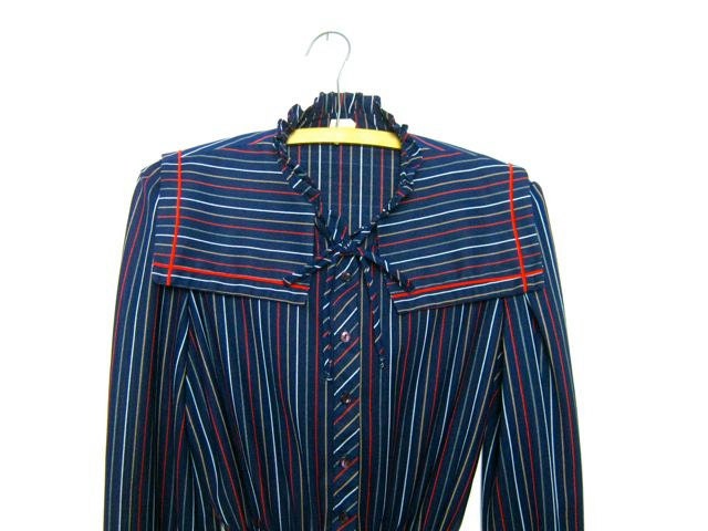Vintage 1970s blue striped nautical - sailor dress
