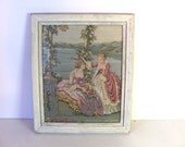 Vintage LARGE pastel colored  tapestry art wall hanging // Victorian Women // framed