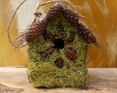 Birdhouse with Pine Needle Roof and Bright Green Moss with Pine Cone Accents  Outdoor