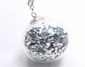 Bubble Collection - Silver Glitter Glitz Hexagon Round Hand Blown Glass Bubble Filled Move Sparkle Necklace 