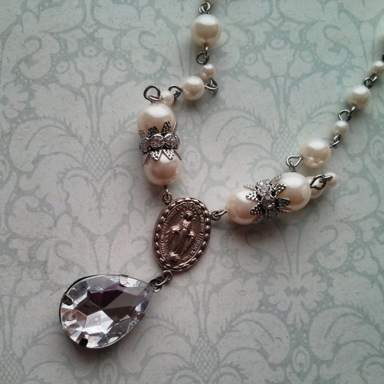 Sparkly Pearl Necklace Catholic Rosary Upcycle, Avignon, FREE SHIPPING by Maddie Lisee