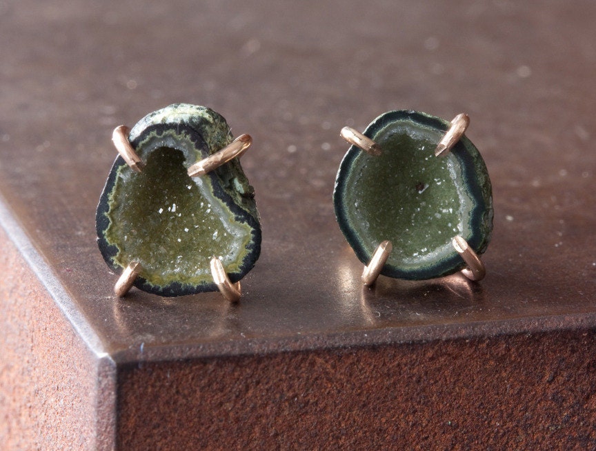 One of a Kind Yellow/Green Druzy Agate Geode Studs 14kt Gold
