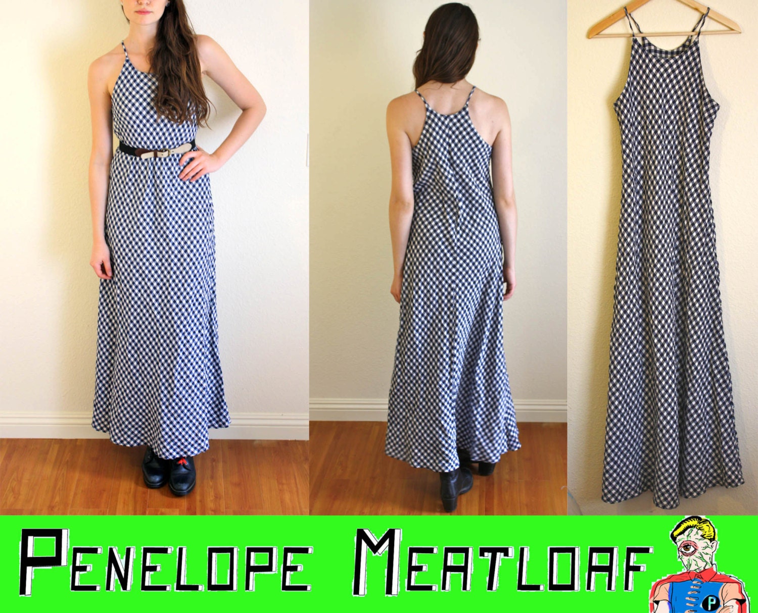 VTG 90s M Blue Checkered Maxi Summer Dress
