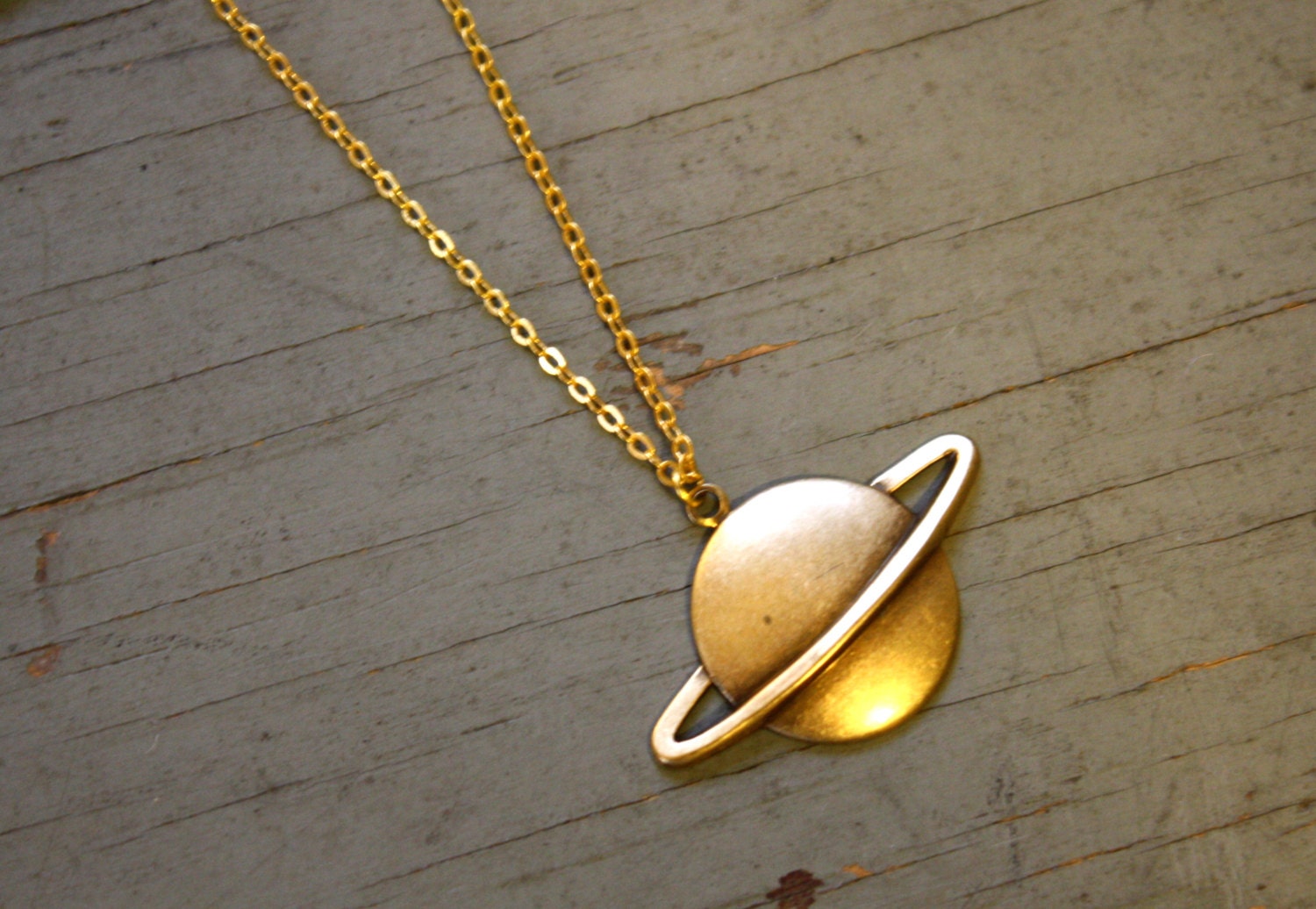 Vintage 70s Saturn Brass Planet Pendant Necklace