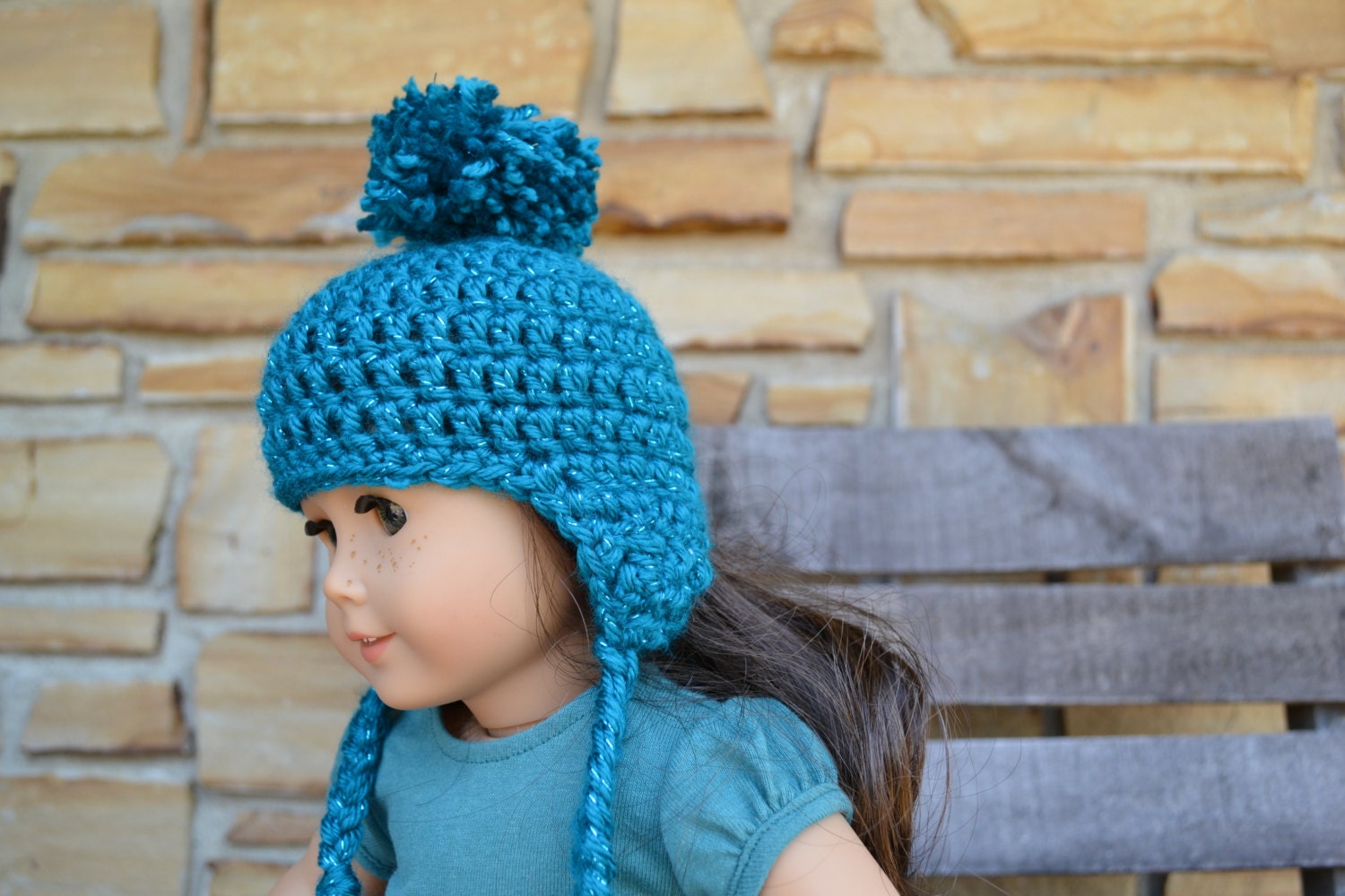 American Girl Doll Clothes - Crocheted Beanie with Ear Flaps and Pom Pom - Sparkly Turquoise