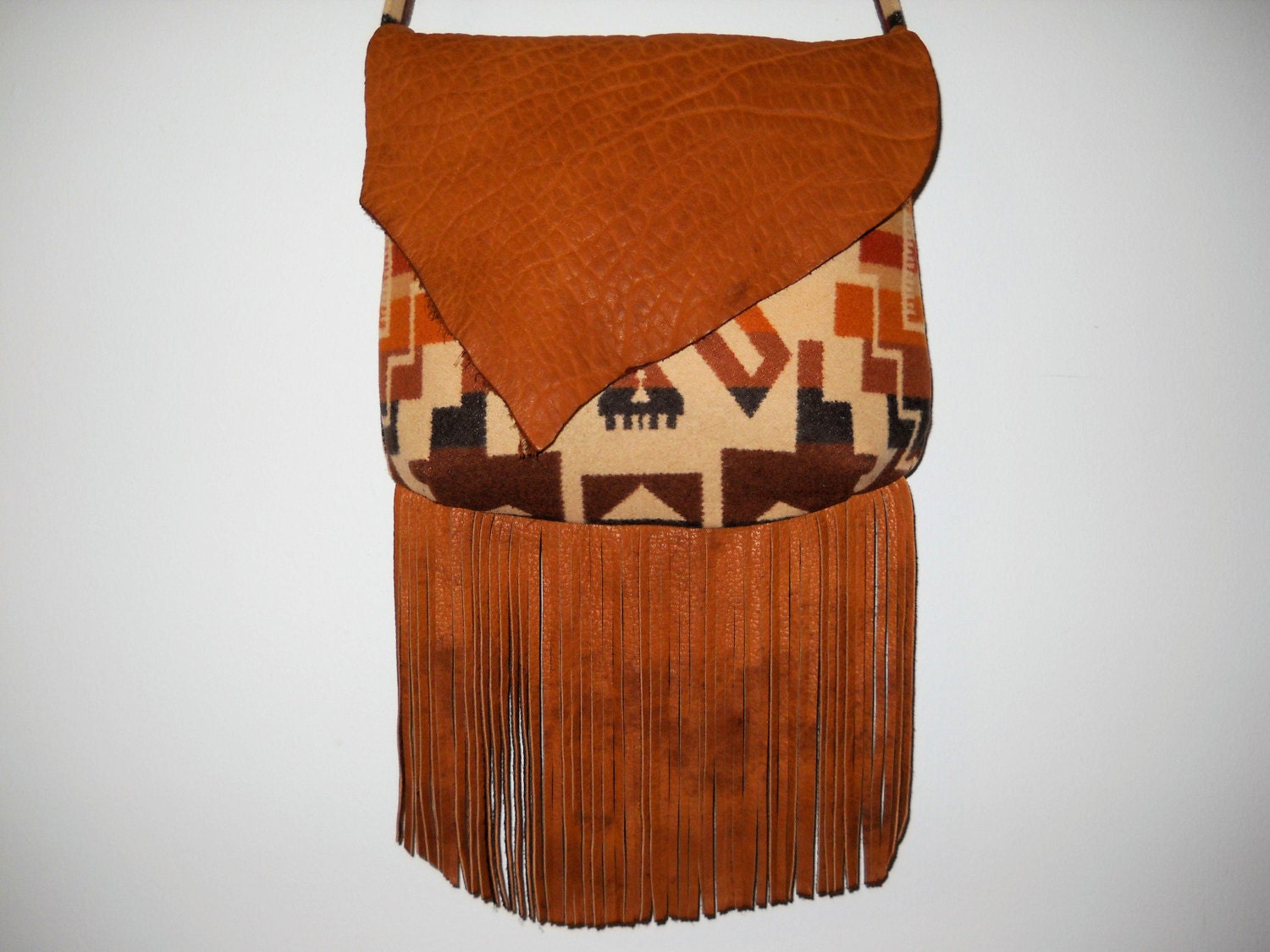 Fringed Possibles Purse / Shoulder Bag Large Buffalo Leather and Wool Brown Southwestern Tribal