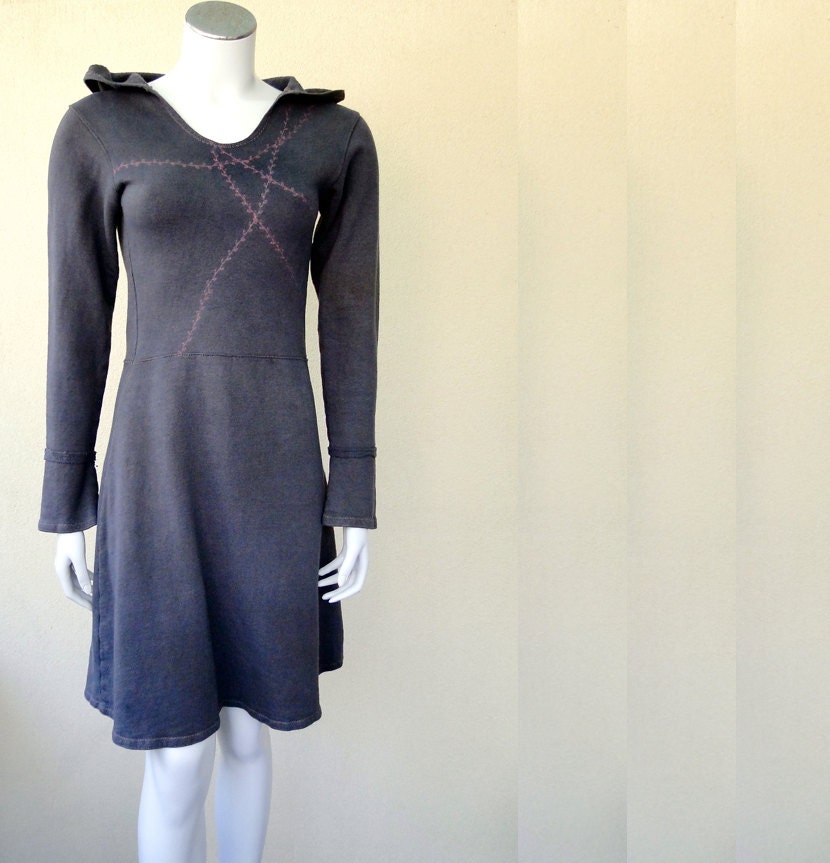 Organic hemp fleece hooded dress - READY TO SHIP - long sweater dress - knit warm dress - organic tunic - hooded tunic  - brown clay hoodie