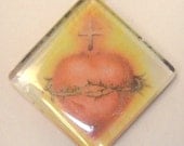 SACRED HEART  of Mary and Jesus with silver bail, double sided with washi paper