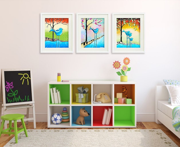 Kids wall art, Nursery art Birds print children decor, Whimsical birds, Blue bird, Colorful giclee prints, Baby boy 11x14 Set of 3 Signed