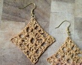 small lacy crochet granny square earrings . gold .