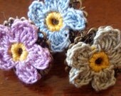 Ring - Crocheted Forget-Me-Not Flower Jewelry - Floral Antiqued Brass Filigree Ring - You Choose the Color - Adjustable Fiber Art Ring