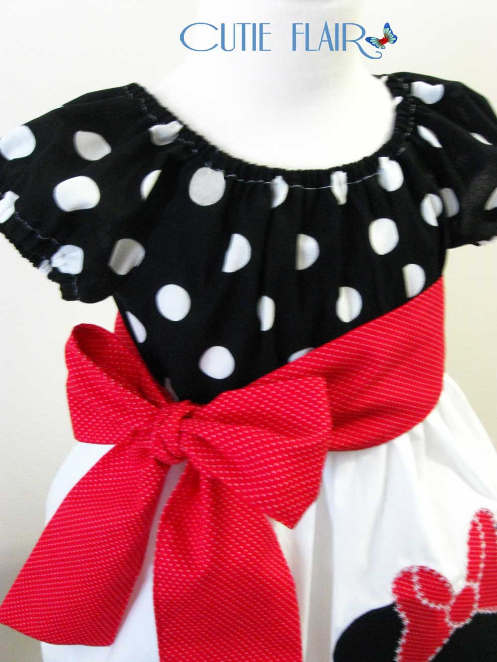 Custom Boutique style Minnie Mouse Peasant Dress Black Polkadots, White and Red with Applique