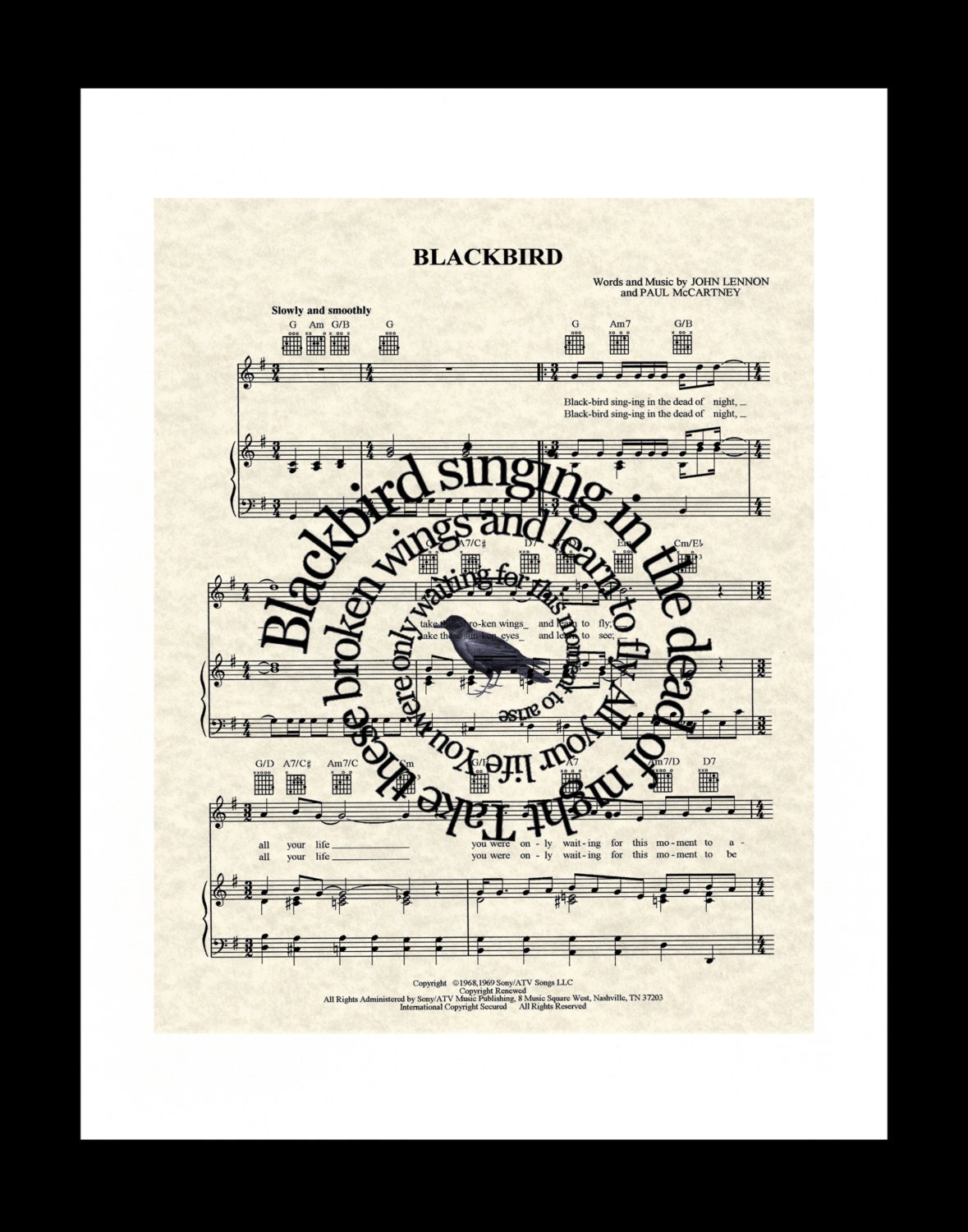 Blackbird, Song Lyric, Print,The Beatles, Music, Typography, Sheet Music, Vintage Dictionary Page, Spiral Song Lyric