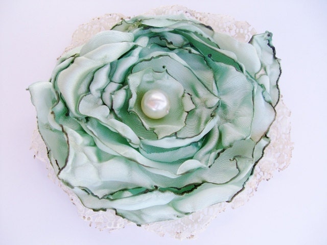 Wedding Hair Flower, Tea Stained Mint Blue Green flower and lace accessory
