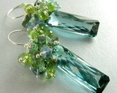 Blue Green Amethyst,  Tourmaline Crystals,  Peridot and Fluorite Sterling Silver Earrings