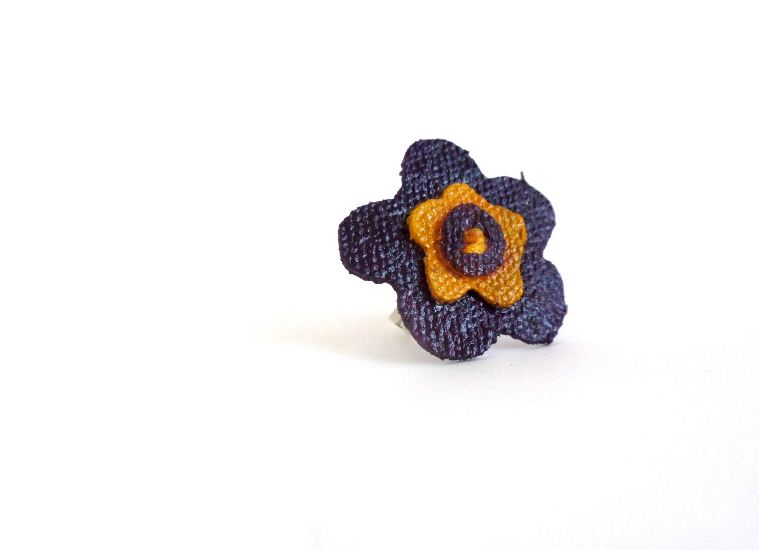 Purple and Yellow Flower Ring. Handmade and Hand painted Canvas ring. Adjustable ring by Calico City