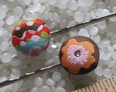 covered button hair clip fun flower print  and matching pin