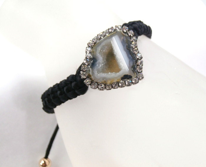 Tabasco Geode Slice Macrame Friendship Bracelet Black White Gemstone Slice Bracelet Diamond Look Bezel Black Silk Macrame - Clarissa