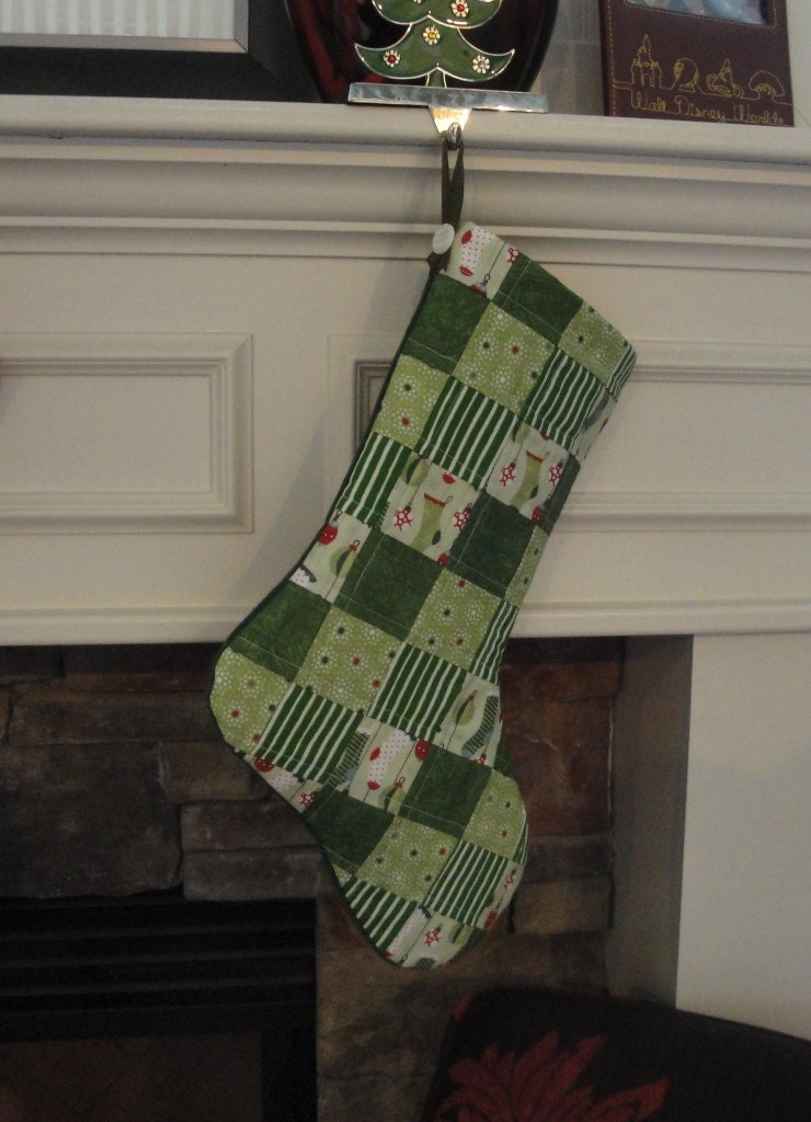 Patchwork Christmas Stocking - Quilted - Greens