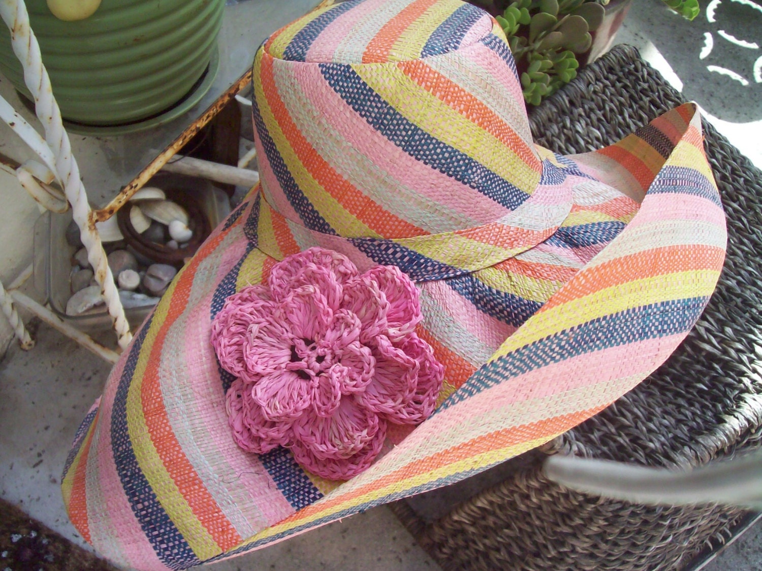 Summer Swirl Linen Straw Sun Hat with Crocheted Flower