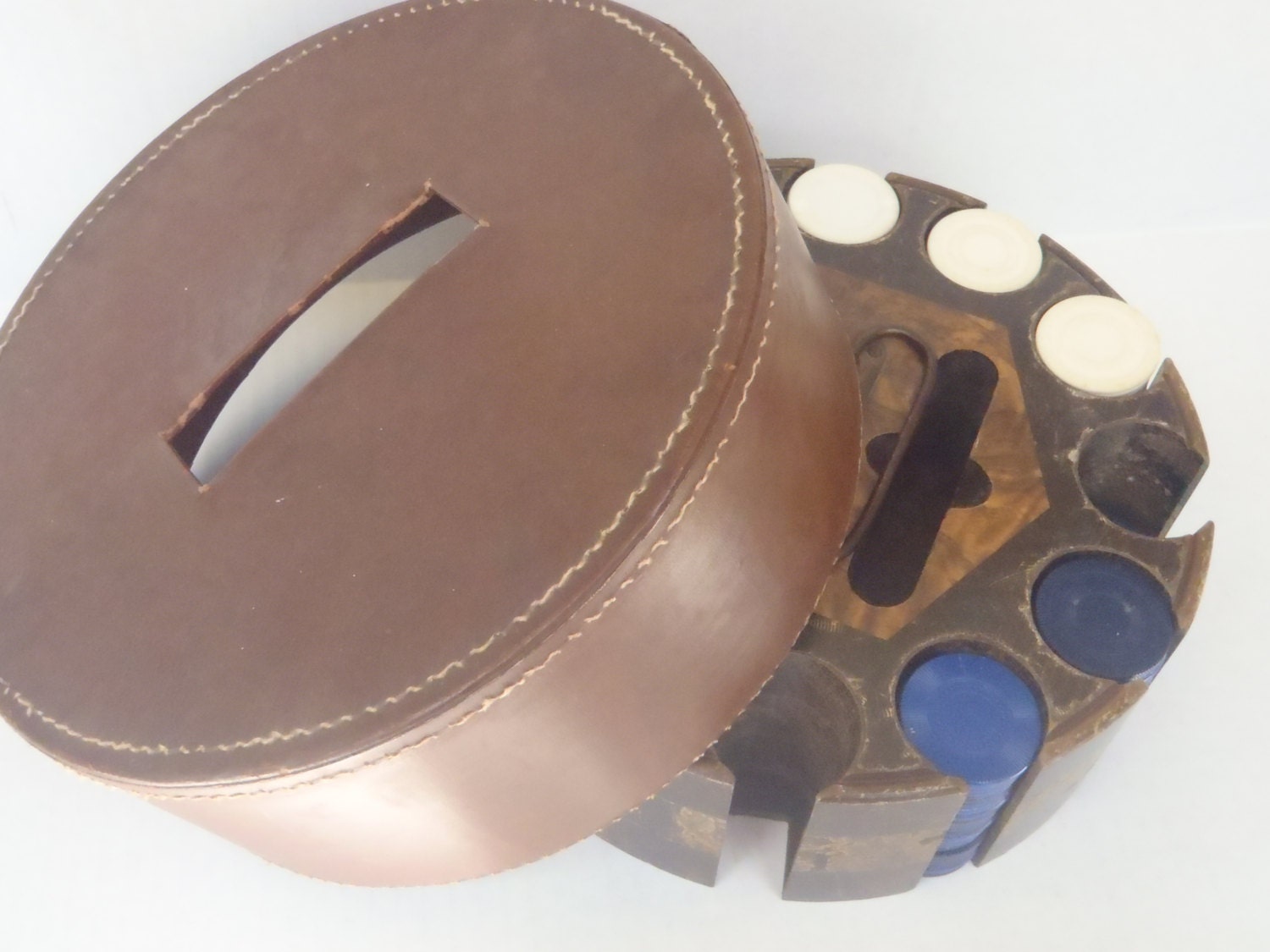 Vintage Poker Caddy Wooden with Leather Lid Poker Chips