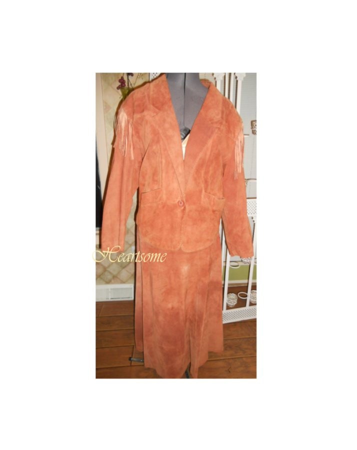 Vintage leather jacket and skirt retro boho native american western fringe Paula Saker