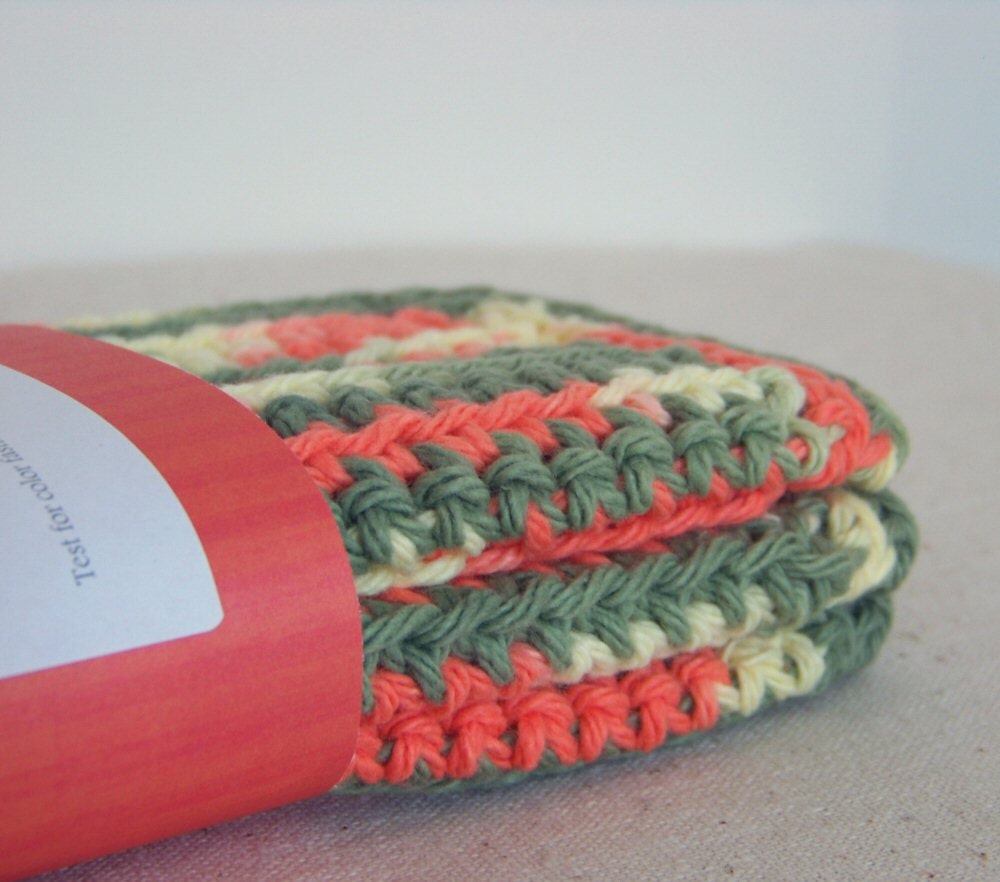 Cotton Dish Cloths -Olive Green, Orange, Yellow - Crocheted 3 Piece Set "Jalapeno Spice"