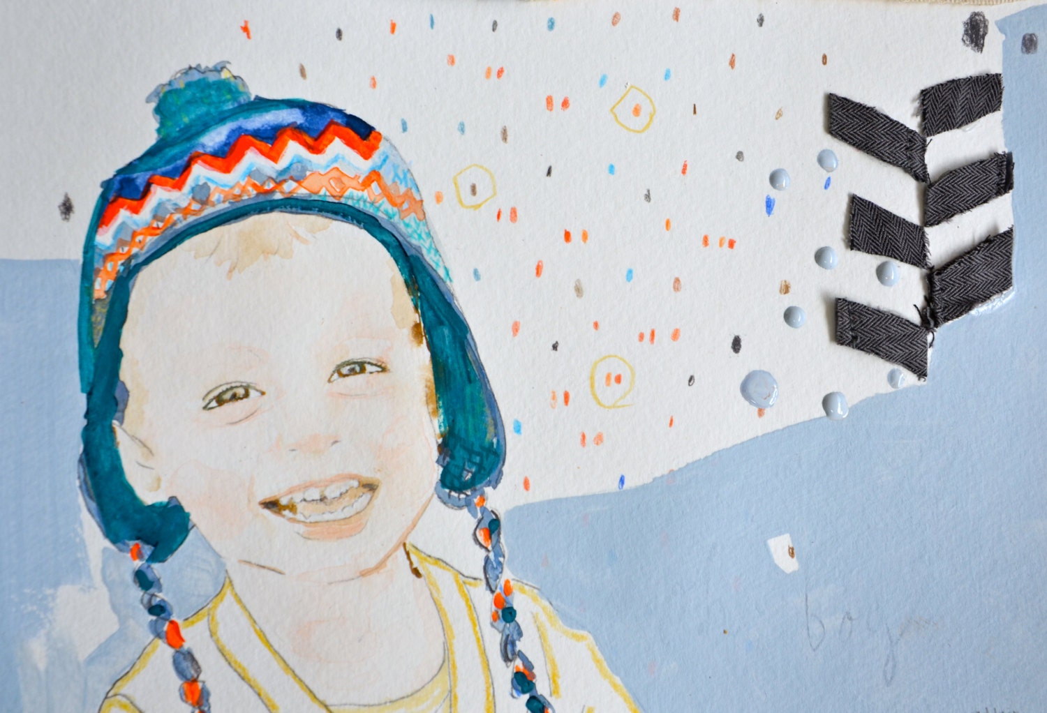 custom baby portrait - oh my, how you grow - mixed media on paper