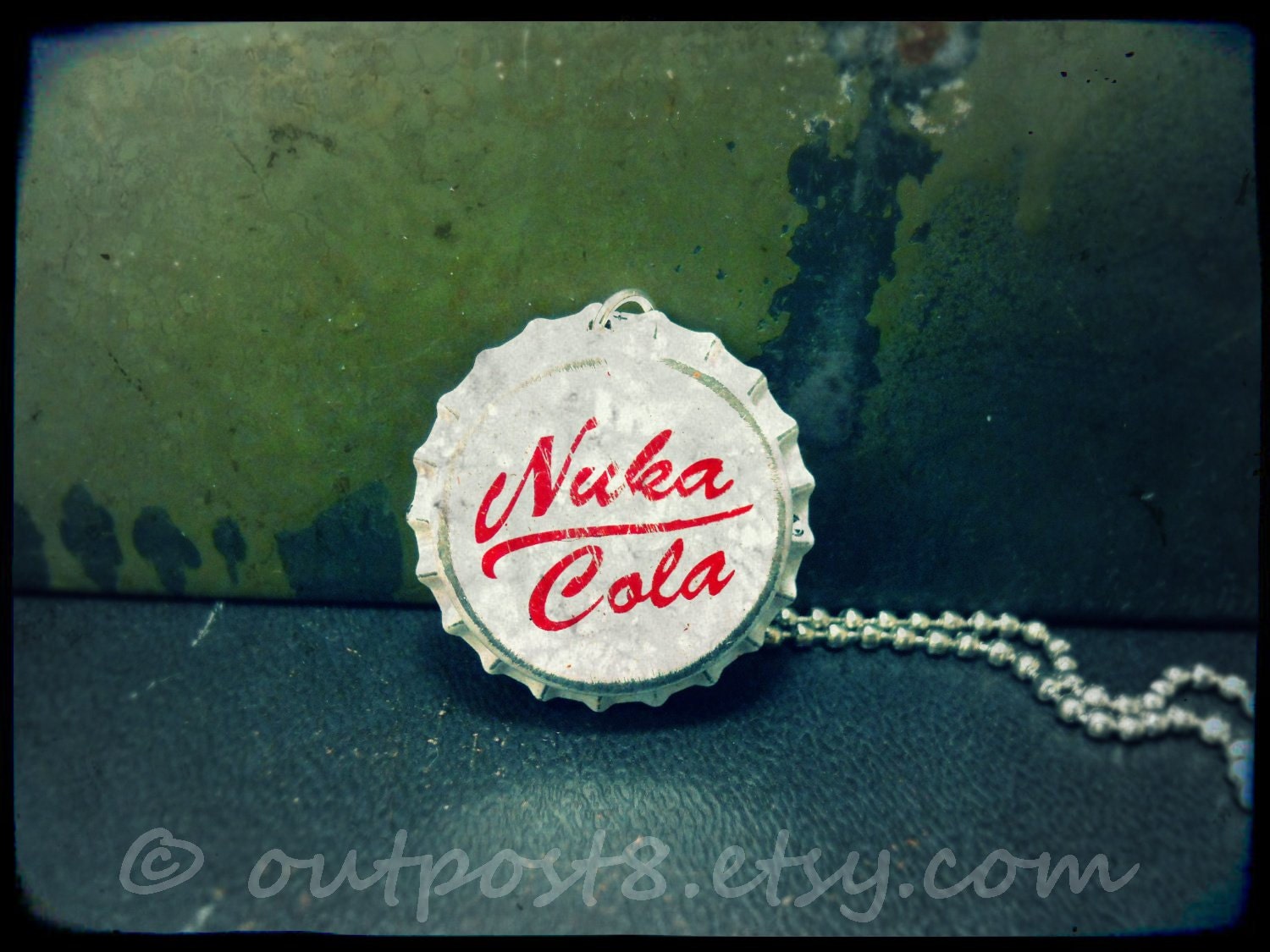 Fallout inspired Nuka Cola Victory bottle cap necklace. The original. Featured in Playstation Magazine.