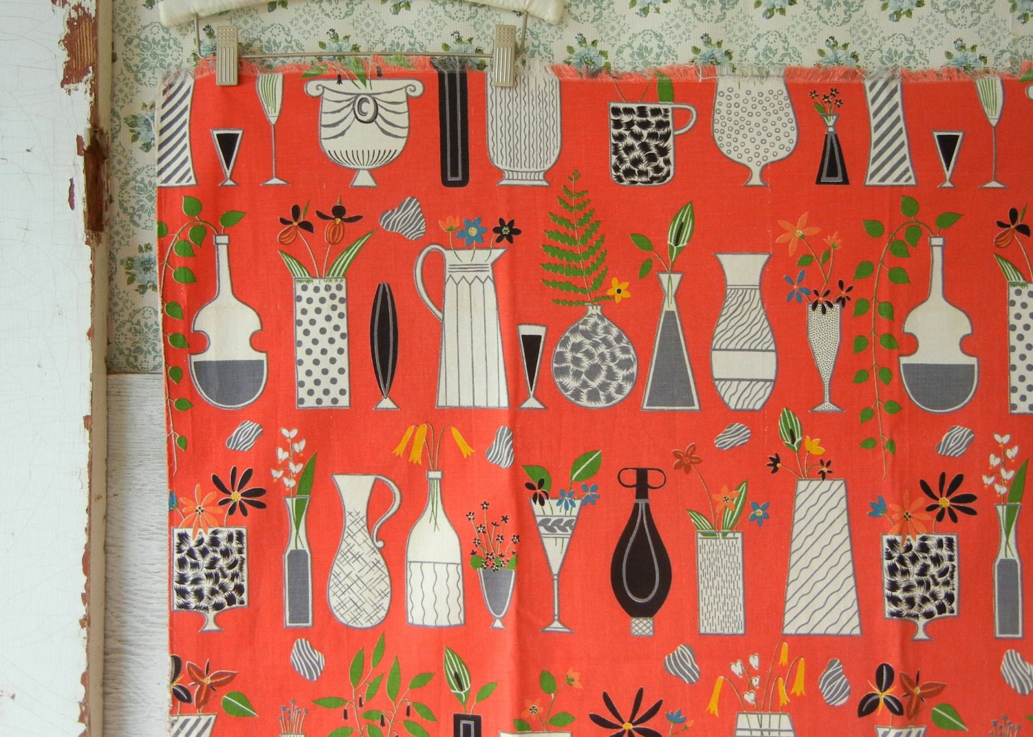 Mid Century Modern Fabric Curio Cabinet Pattern Stylized Flower Vases & Pitchers