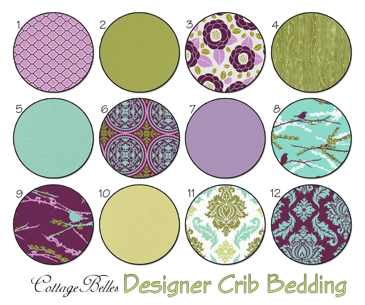 Custom Crib Sheet  or Toddler Bed Sheet - Aviary Aqua Purple -  Damask Birds Flowers by Cottage Belles