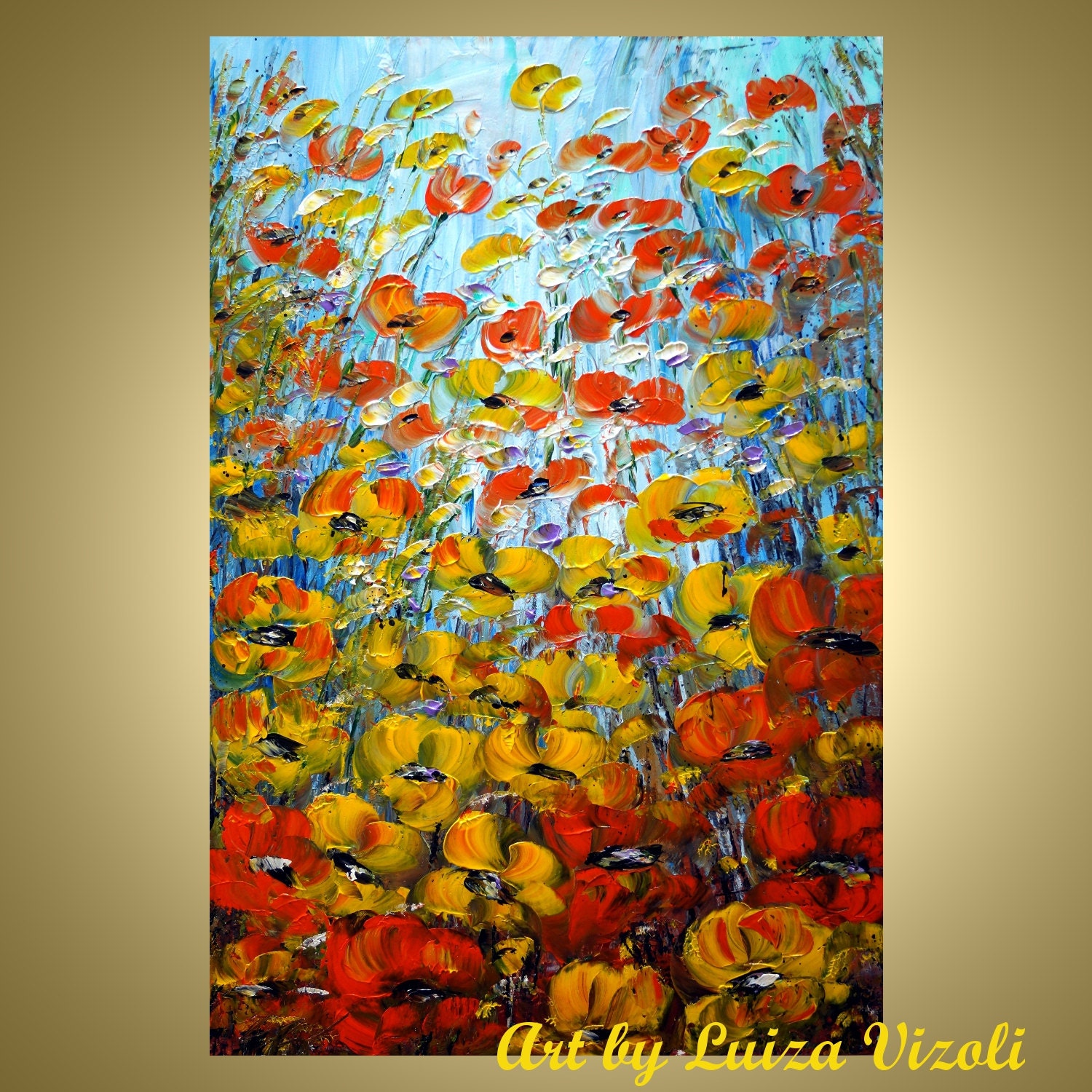 Impressionist Flowers Modern Impasto Oil Painting ORANGE YELLOW POPPIES Field on 36x24 canvas by Luiza Vizoli