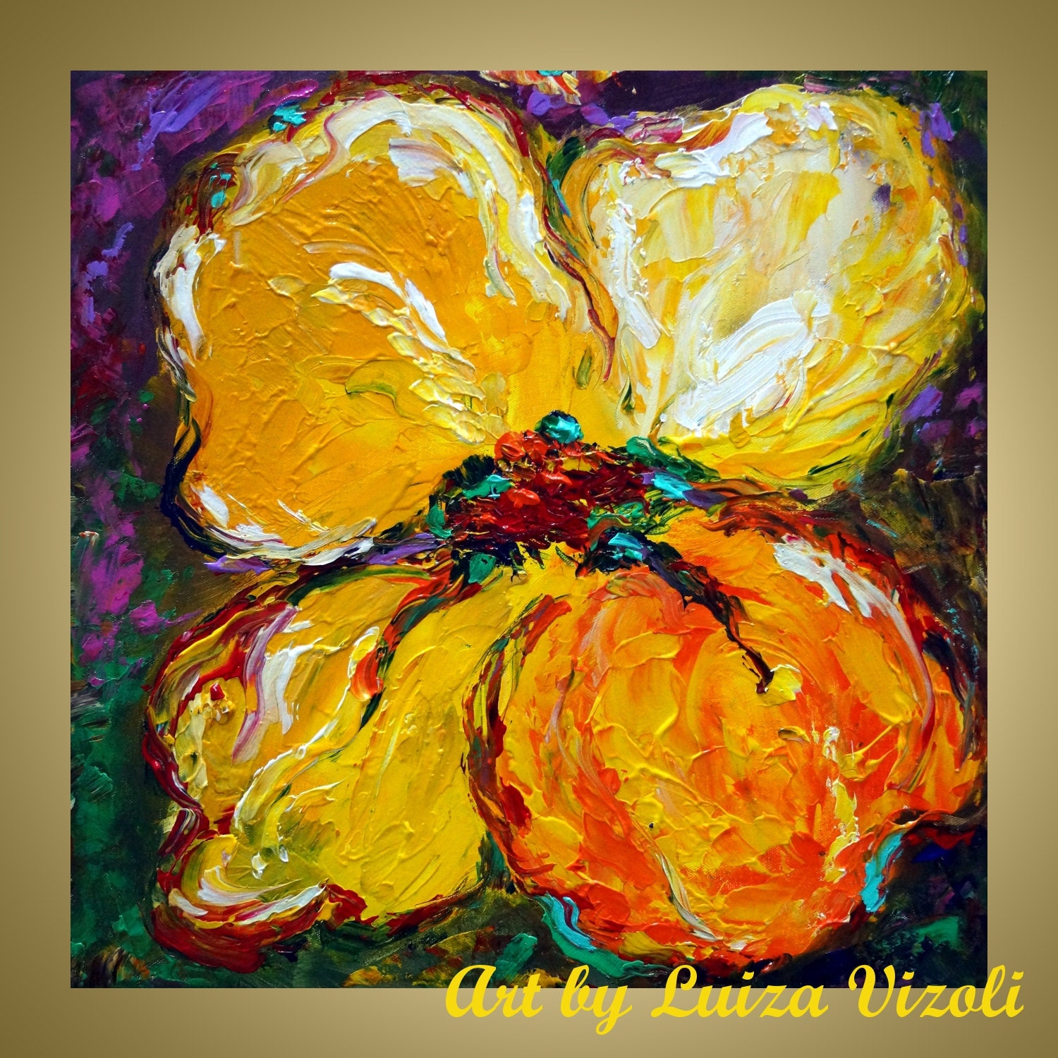 ABSTRACT Yellow Orange Flower Modern Impasto Oil Fine Art ready to hang canvas by Luiza Vizoli