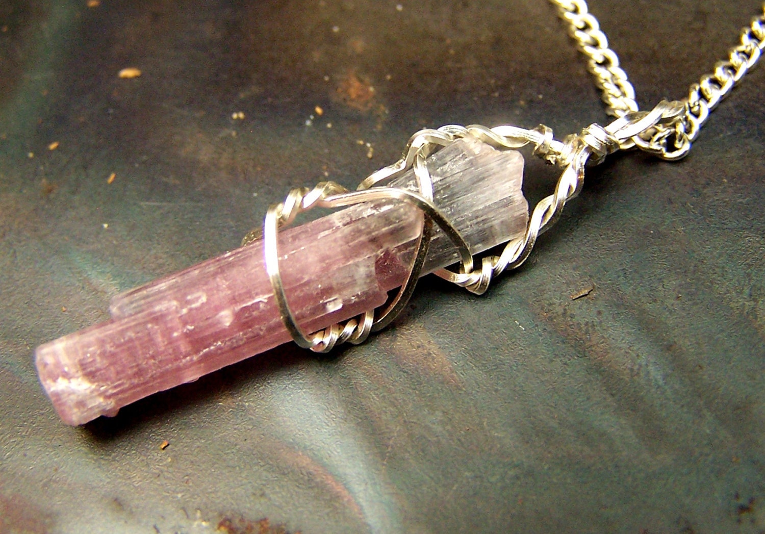 Pink Blue Tourmaline  Crystal Cluster spray  wire wrap necklace pendant - Sterling Silver - crystal  -Tourmaline Crystal - bi color bicolor