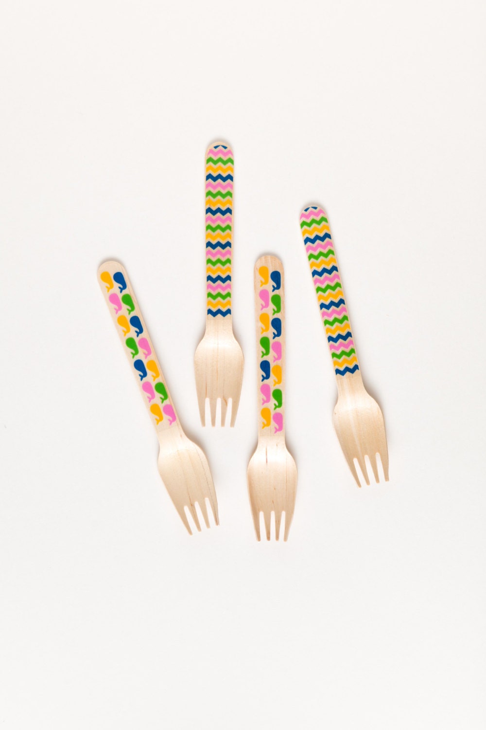 Whales and Chevron - 10 Brightly Colored Wooden Forks
