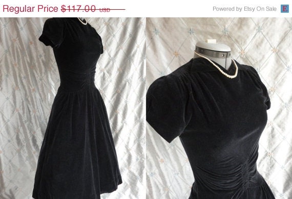 Sale 50s Dress // Vintage 1950s Black Velveteen Full Skirt Party Dress Size S