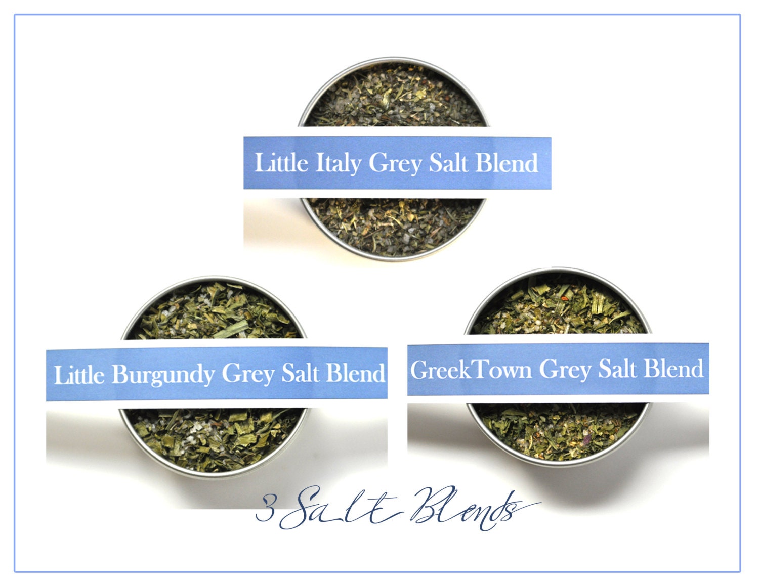Grey Salts Set of 3.Little Italy Little Burgundy & GreekTown. Bring a little europe into your kitchen, to your foodie, chef and gourmet.
