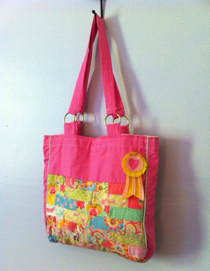 Polka Dot and Patchwork Tote Bag With Detachable Heart Ribbon