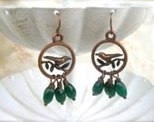 Bird Charm Dangle Earrings. Green Leaf Earrings. Bird Earrings. Chandelier Earrings. Emerald. Forest Green. Copper, Glass.