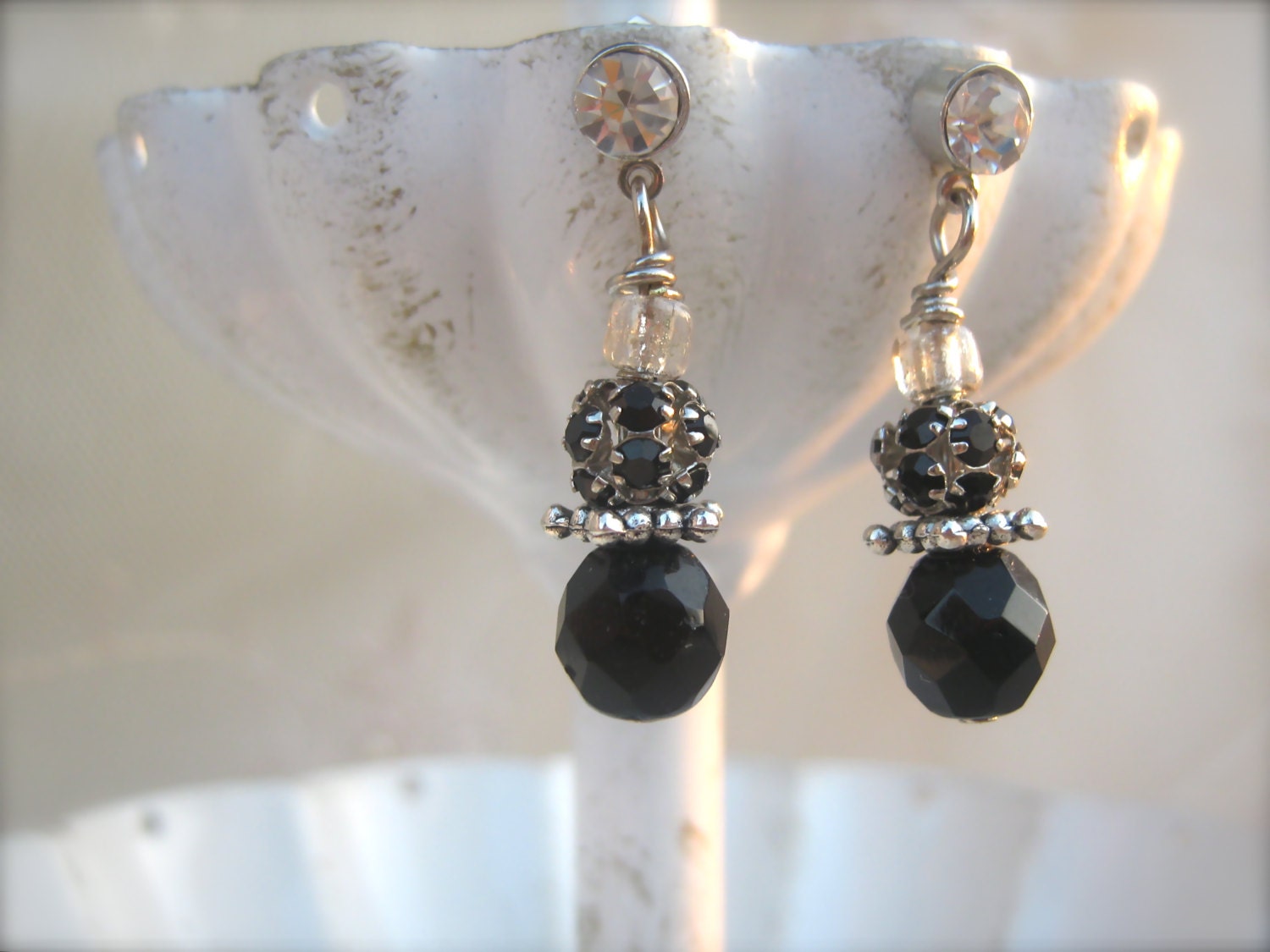 Black Rhinestone Post Earrings. Black Dangle Earrings. Black and Silver Earrings. Simple. Black and White.