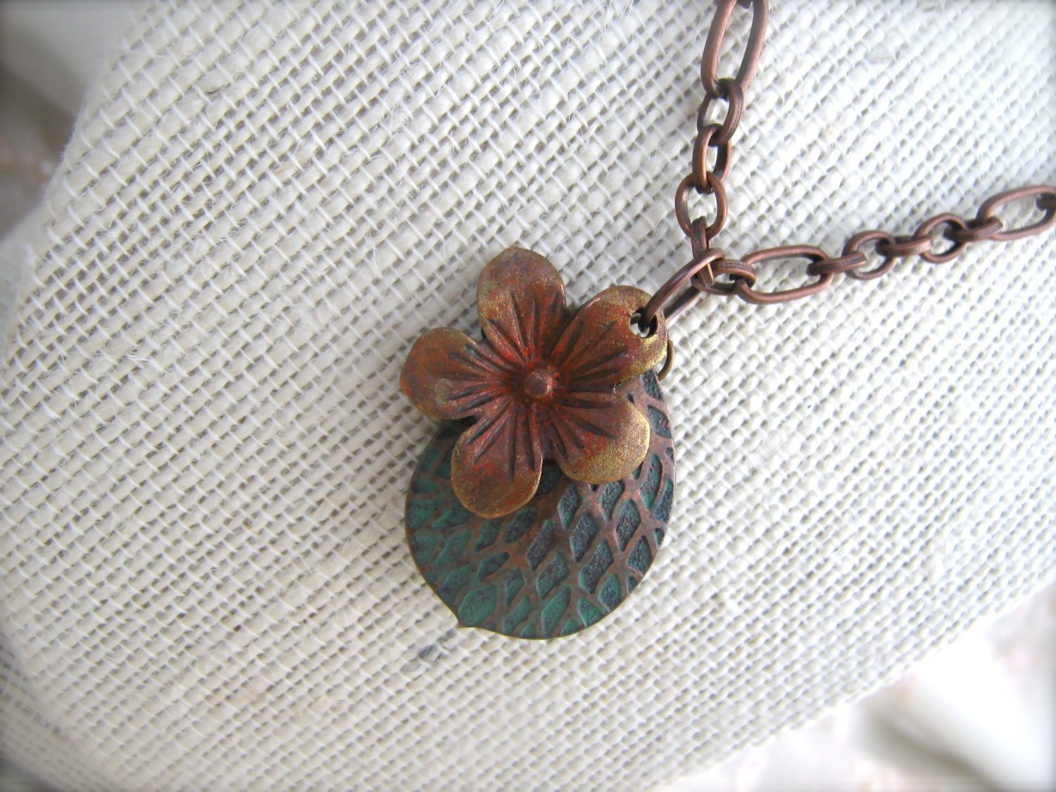 Flower Charm Necklace. Patina Leaf Necklace. Orange Flower. Patinaed Copper Leaf Charm. Hand Painted Charm Necklace. Copper Chain Necklace.