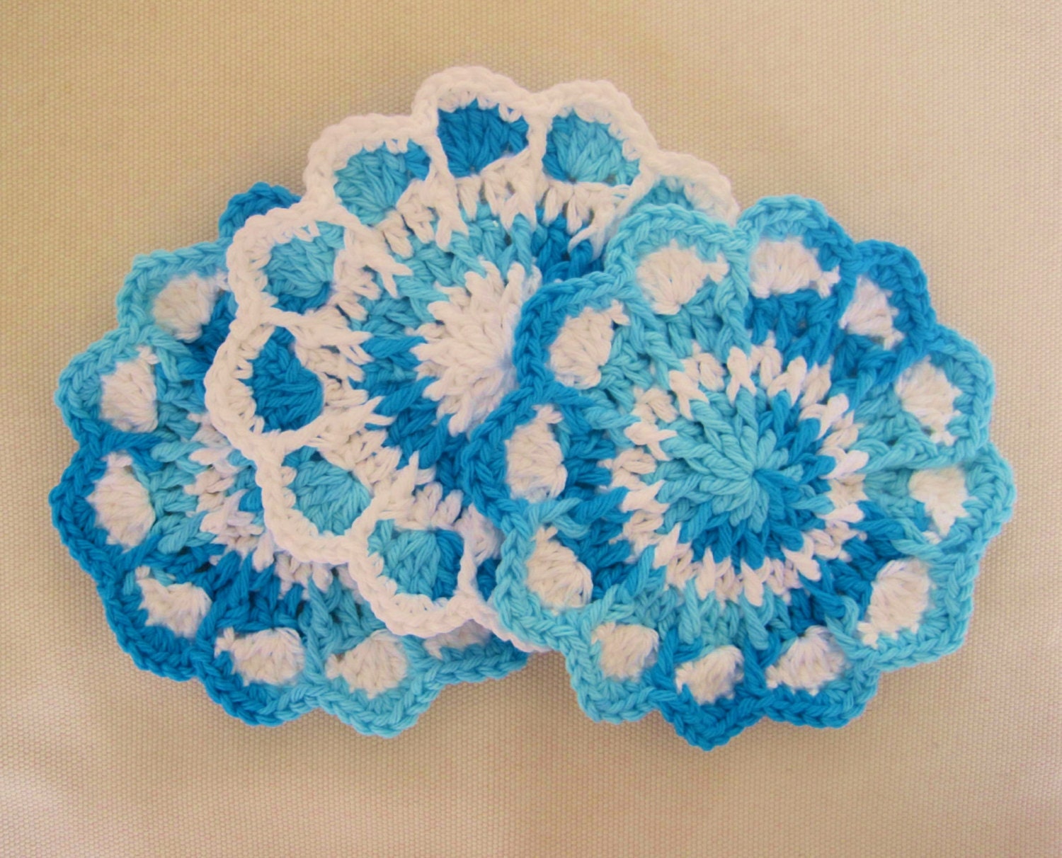 3 Small Crocheted Scalloped Dishcloths / Washcloths - Bright Blues