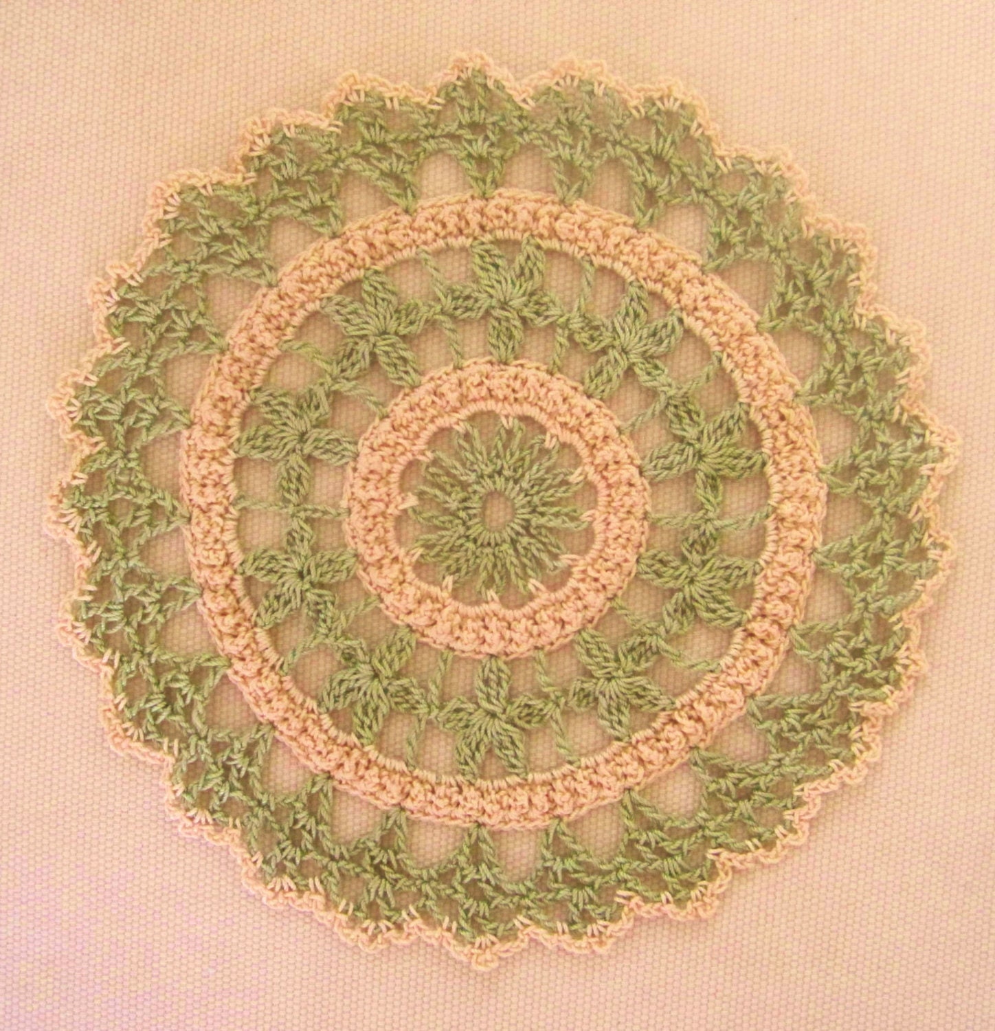 Crocheted 7 Inch Doily in Light Sage and Natural