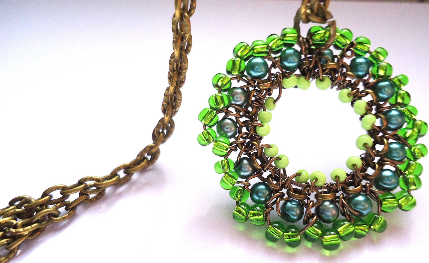 Hoop Pendant, Green, Emerald Green, Teal, Lime Green, Forest Green, Bloom Necklace, Beadwork, Bridal Accessories, Copper, Beaded, Gunmetal,