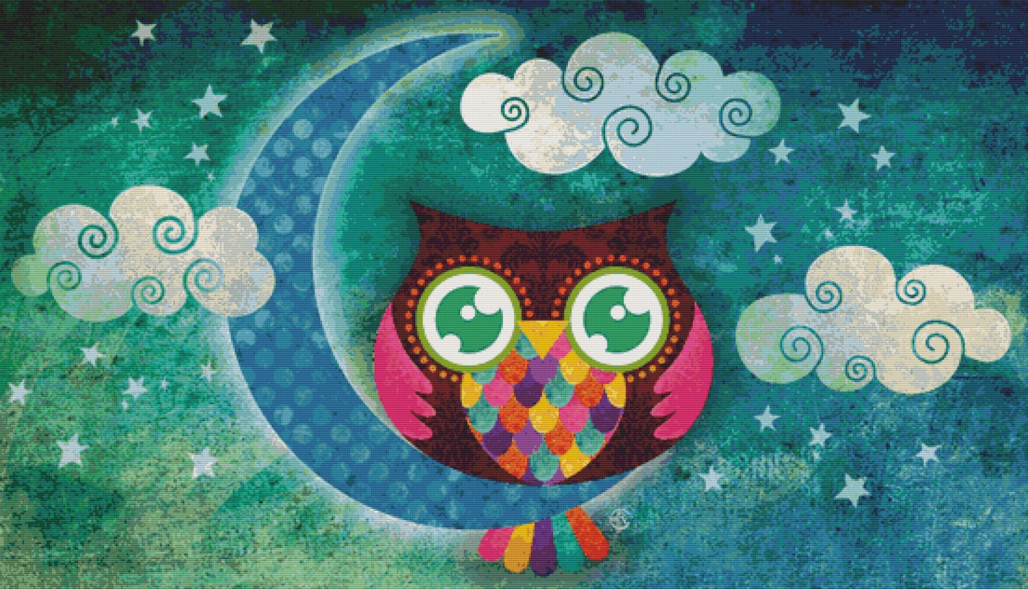 Cross stitch modern art by Sandra Vargas 'My Crescent Owl' - Owl crossstitch kit  - Extra Large