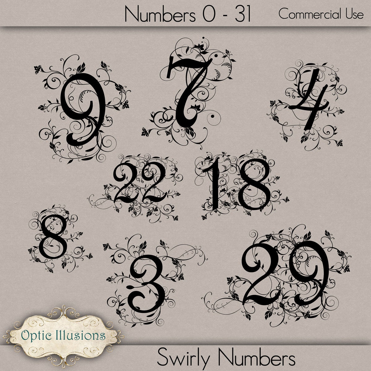Swirly Fancy Numbers - INSTANT DOWNLOAD - Commercial Use - - 0 thru 31 - Cards, Scrapbooking, Invitations -